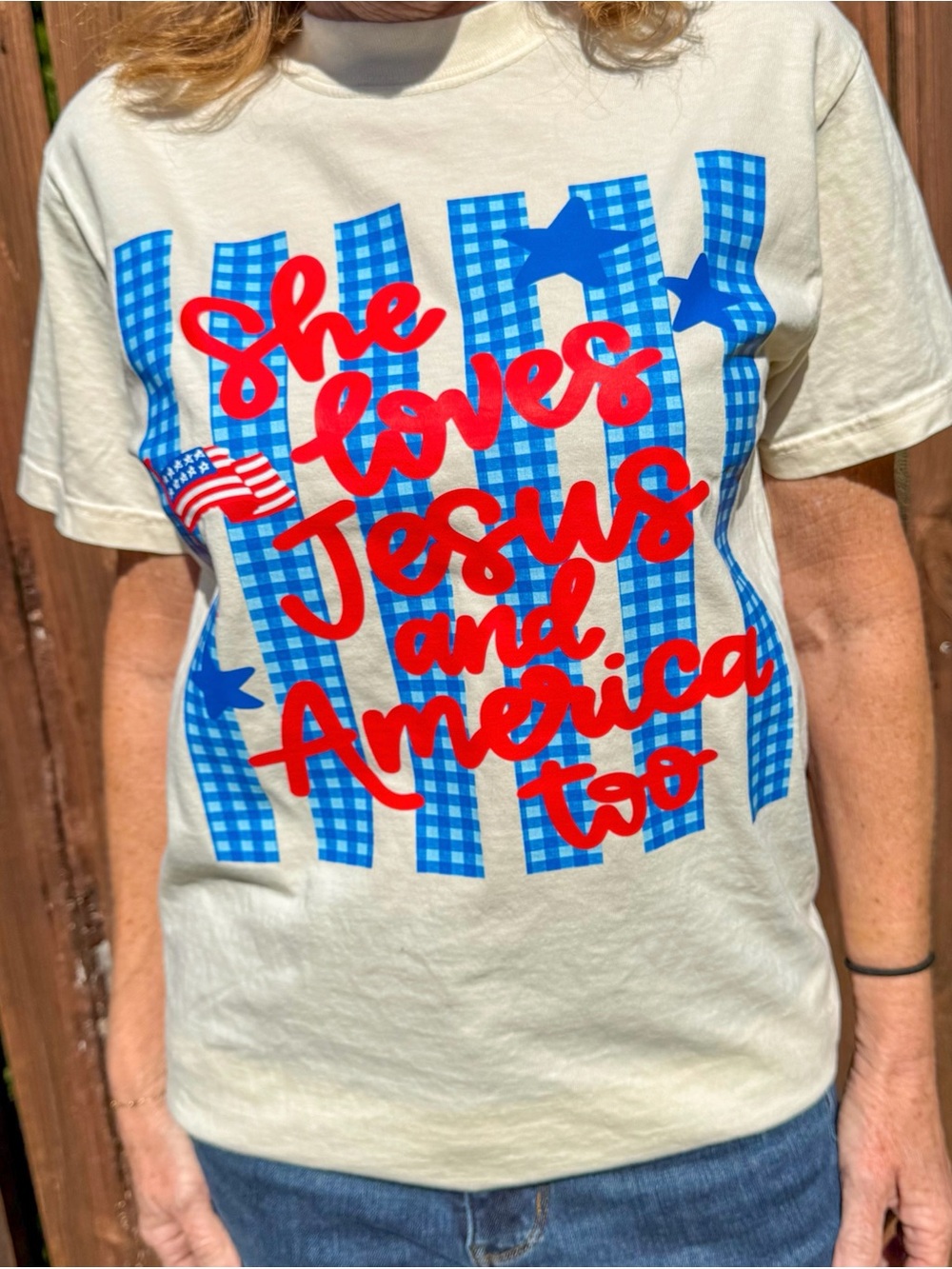 Comfort Colors Cream Short Sleeve Tee with Red Script & Blue Gingham Stars